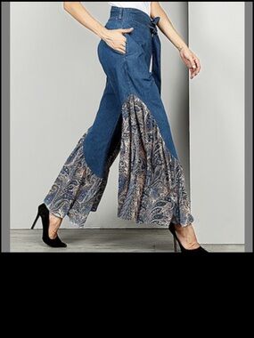 Reborn Size Large Blue Denim Flare Wide Leg Jeans with Paisley Panels